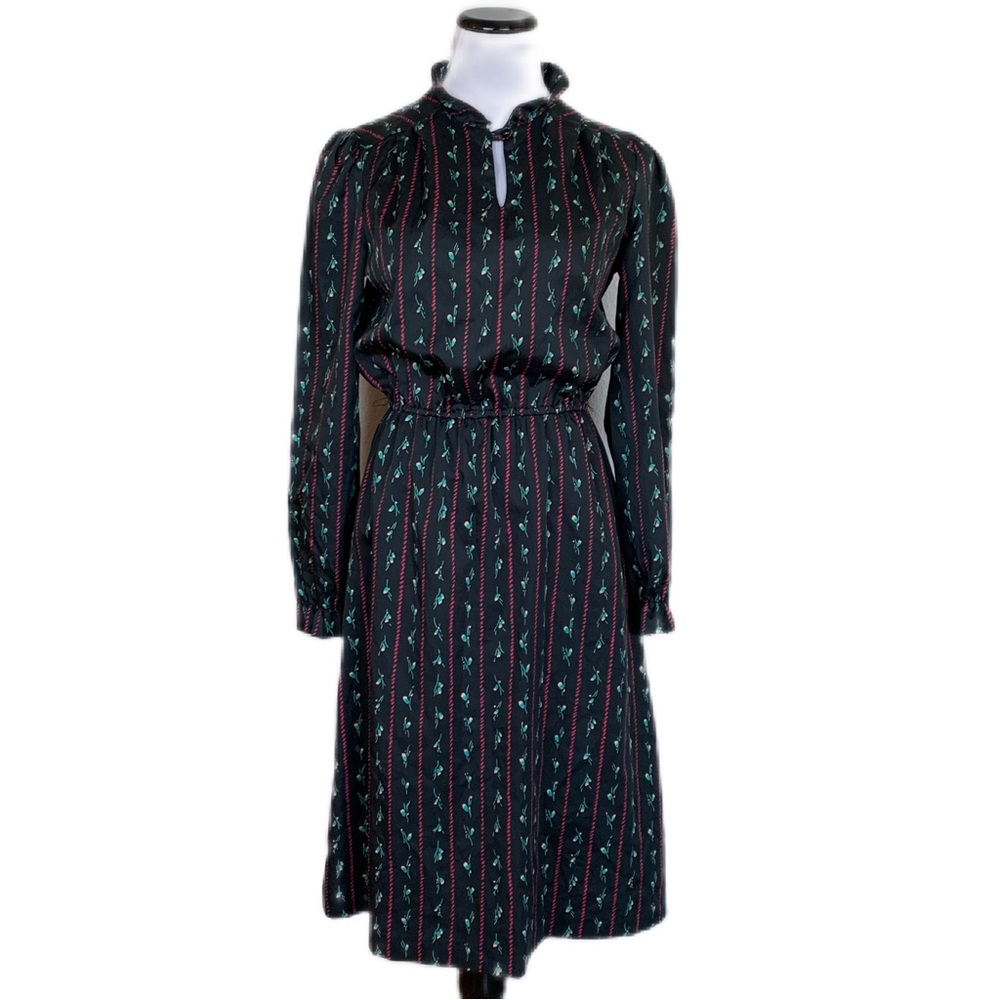 Vintage Jerrell of Texas Black Striped Micro Floral Elastic Waist MIDI Dress